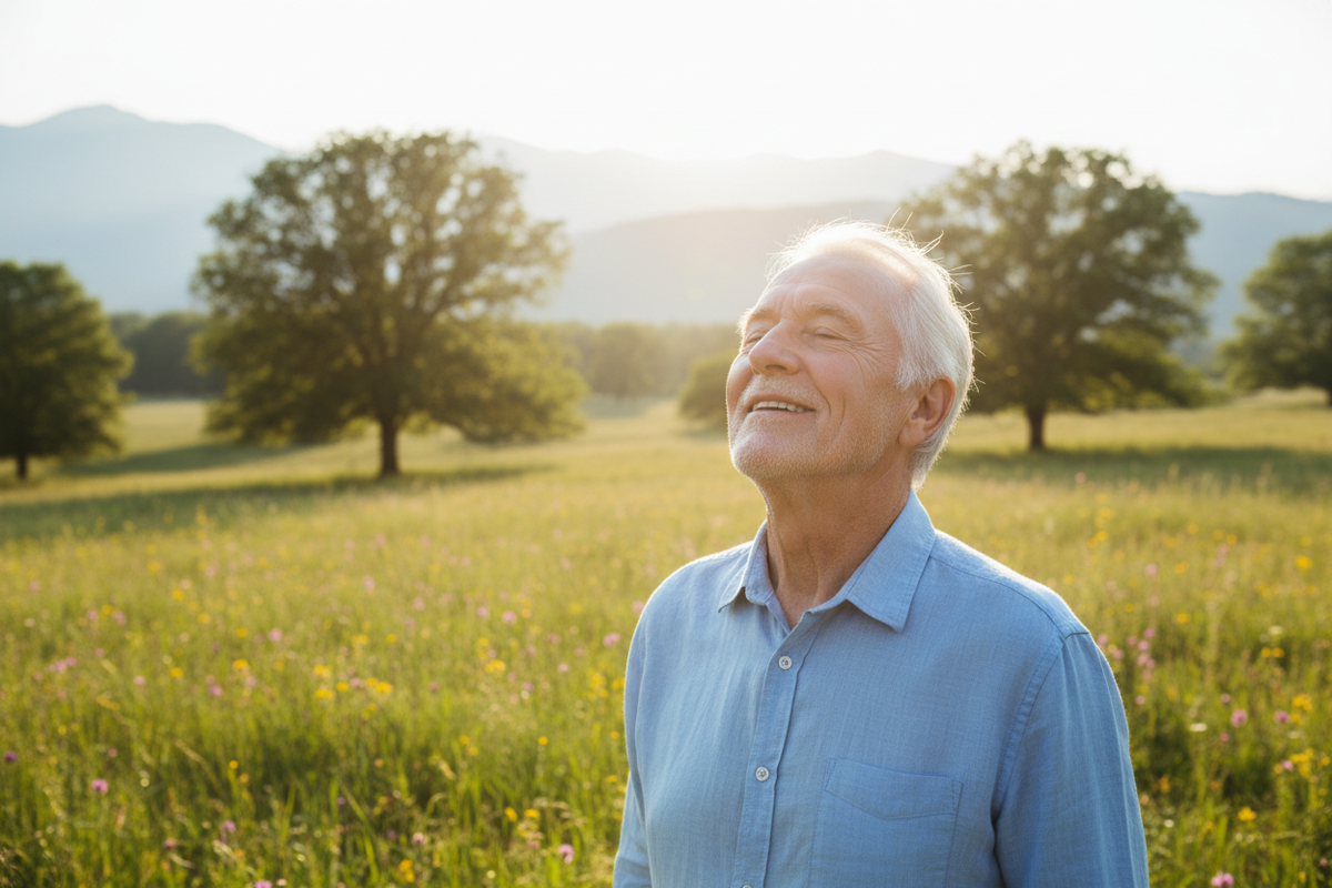 old man happy and breathing the fresh air